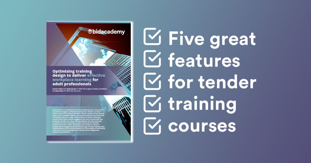 Cover of Bid Academy white paper pictured alongside 5x checkbox icons and the words 'five great features for tender training courses'