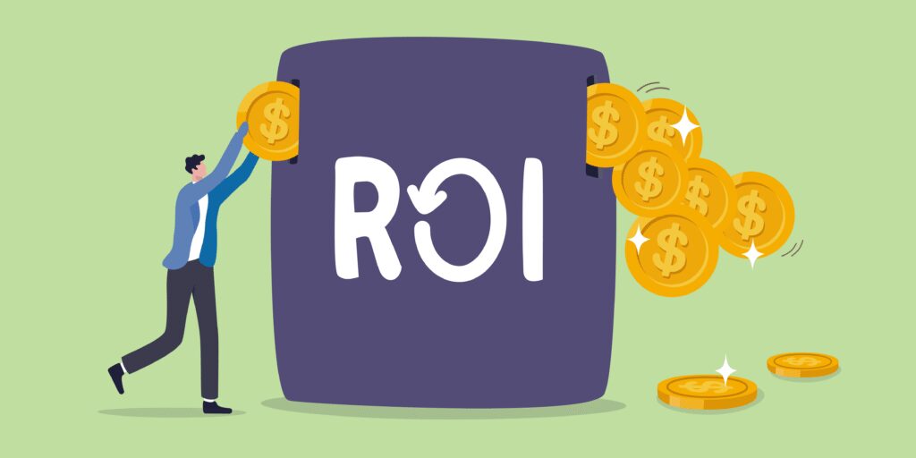 Vector illustration of a professional investing a coin into a tender training course and receiving multiple coins in ROI