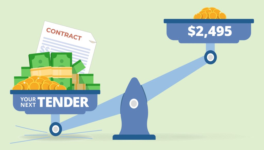 Scales depicting $2495 investment into a tender training course, far outweighed by the value of your next tender contract.