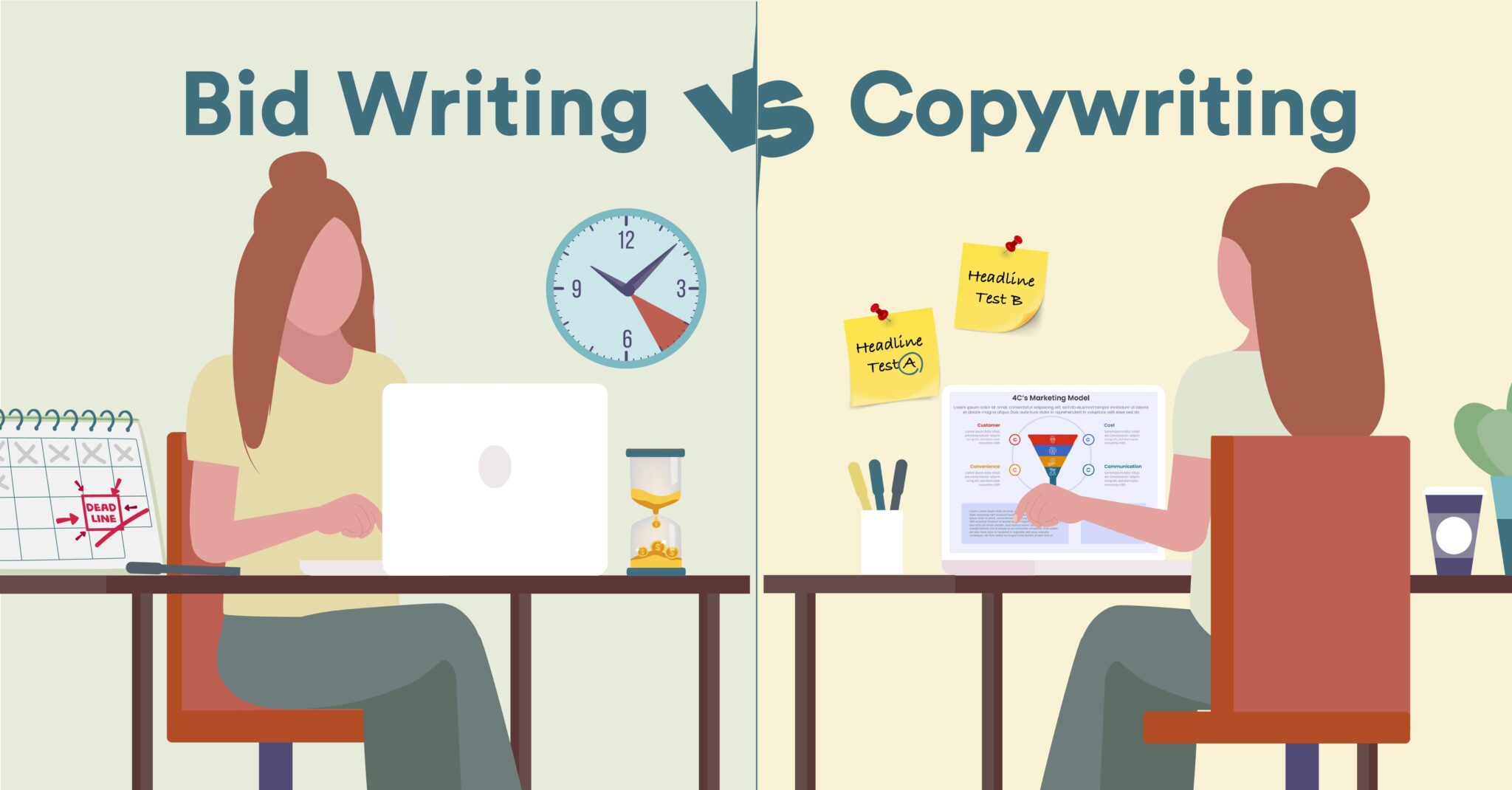 Illustration comparing bid writing and copywriting, shows a bid writer working to deadlines and a copywriter testing marketing content.